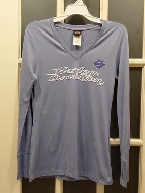 "Harley-Davidson" Sz. S, Women's V-Neck Tee - Light Blue. 16 P2P, 26in Long...